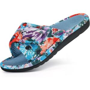 imageshevalues Summer House Slippers for Women with Arch Support Breathable Waffle Cotton Indoor Slippers Slip on Open Toe Home ShoesCyan Blue