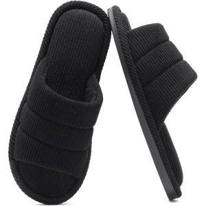 imageshevalues Terry Cloth Open Toe Slippers for Women Memory Foam Slip On House SlippersCarbon Black