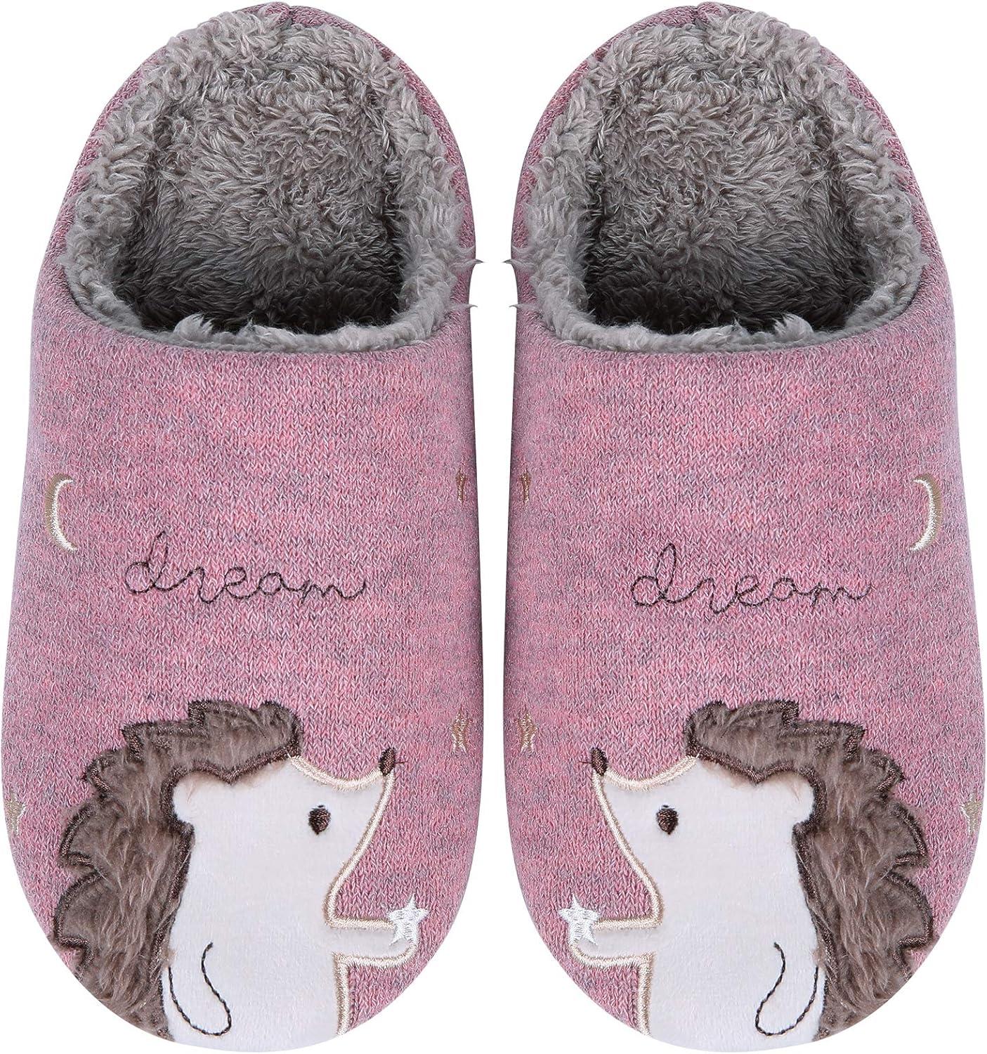 imageshevalues Fur Lined Animal Slippers for Kids Cute Girls Boys Unicorn Hedgehog House Shoes Fuzzy Embroidered Indoor Slippers WomenPink Hedgehog