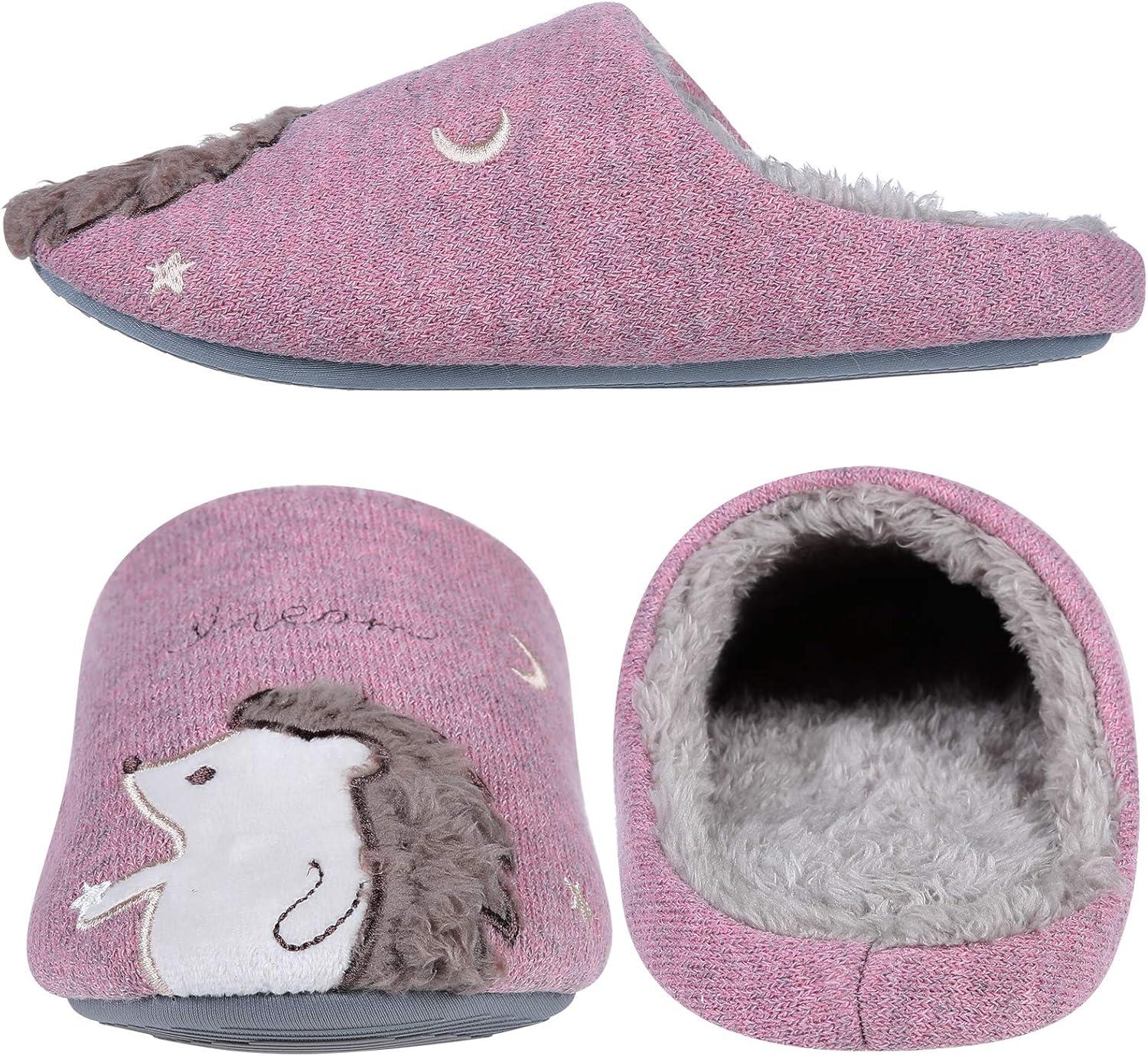 imageshevalues Fur Lined Animal Slippers for Kids Cute Girls Boys Unicorn Hedgehog House Shoes Fuzzy Embroidered Indoor Slippers WomenPink Hedgehog