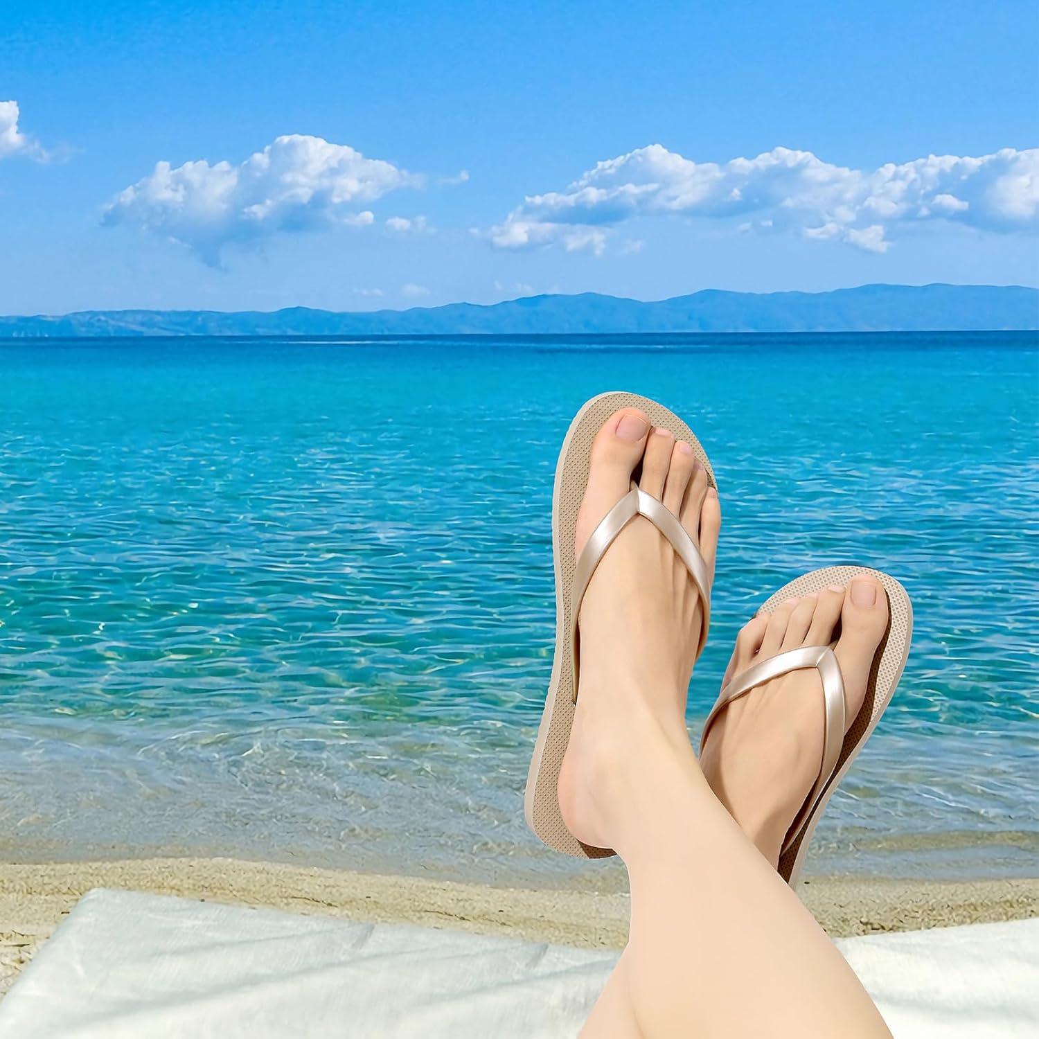 imageshevalues Slim Flip Flops for Women Beach Rubber Shower Shoes Basic Thong SandalsLight Gold