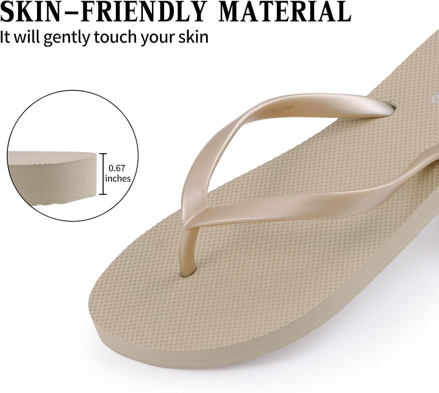 imageshevalues Slim Flip Flops for Women Beach Rubber Shower Shoes Basic Thong SandalsLight Gold